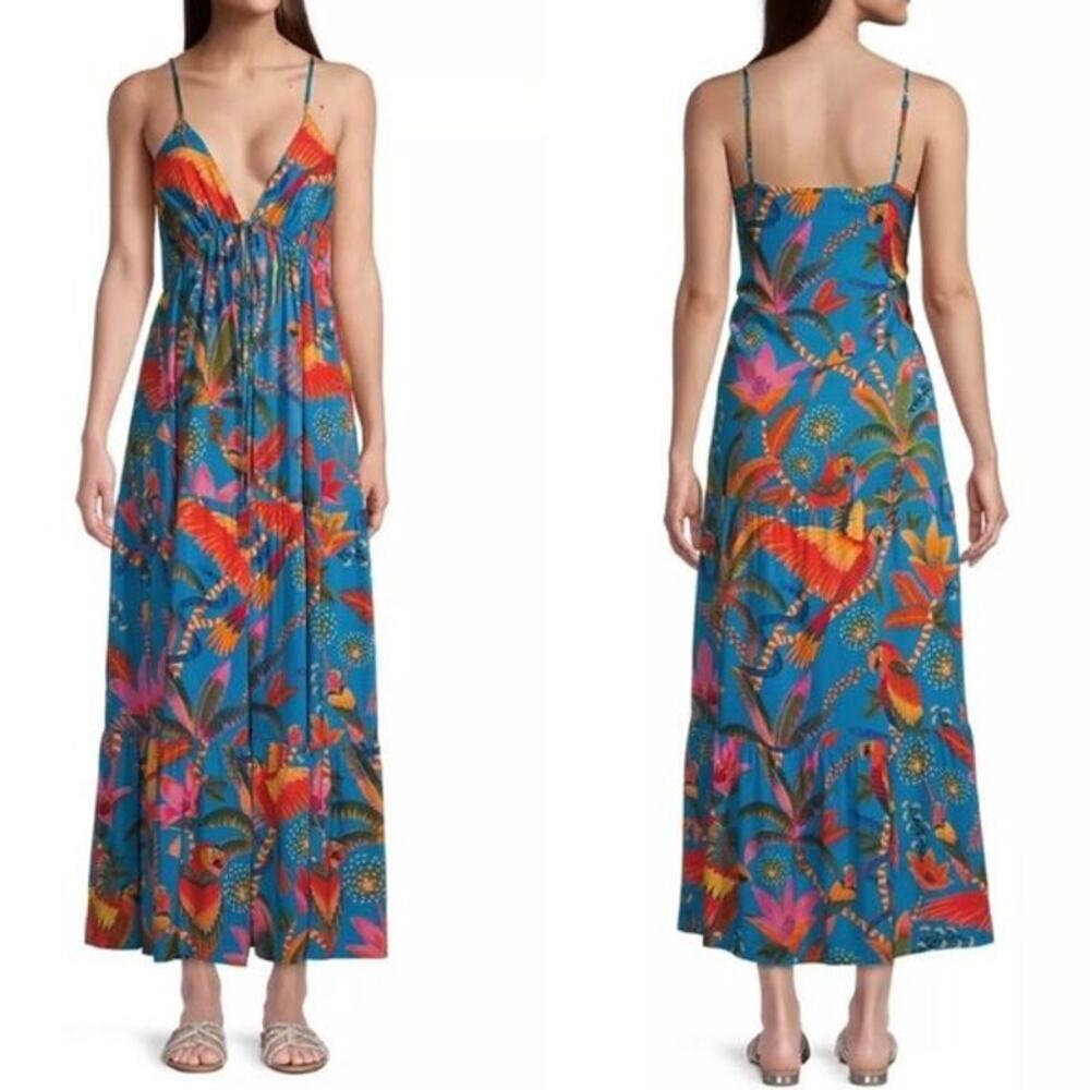 Farm Rio  Cover Up Macaw Party Blue Beaded Ties Dress Multicolor Size L